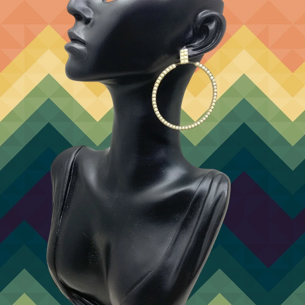 Vtg 1980's Oversized Dangle Hoop Earrings White Studs Pierced Carded New Wave